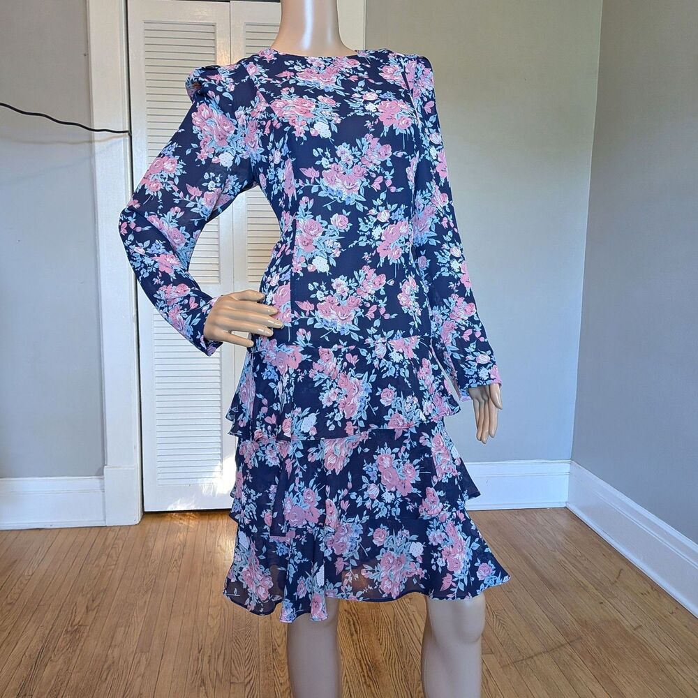 Vintage 90s Leslie Fay Floral Midi Dress Drop Waist Ruffle Whimsigoth 12